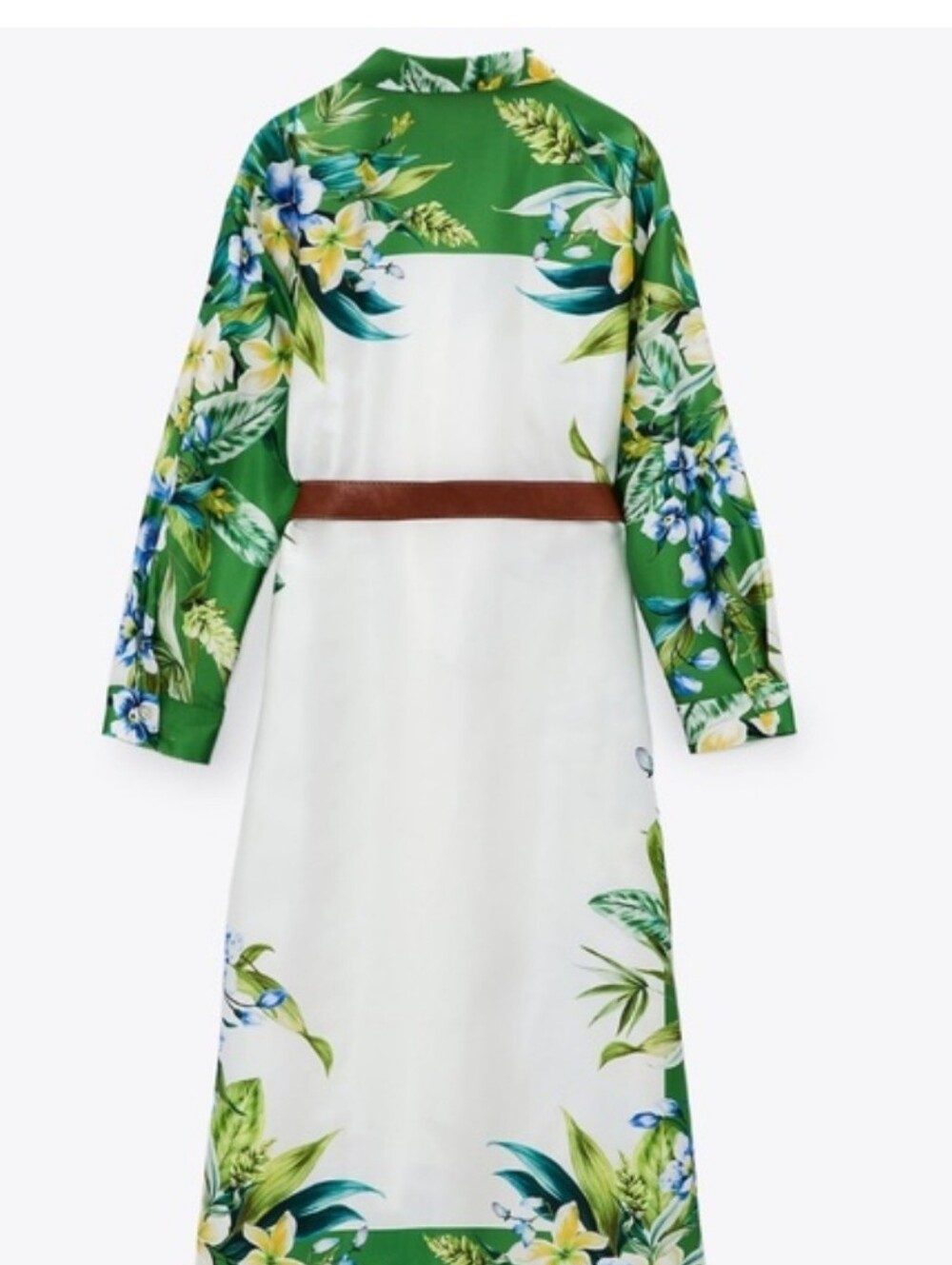 Zara Green, White & Brown Floral Belted Long-Sleeve Dress